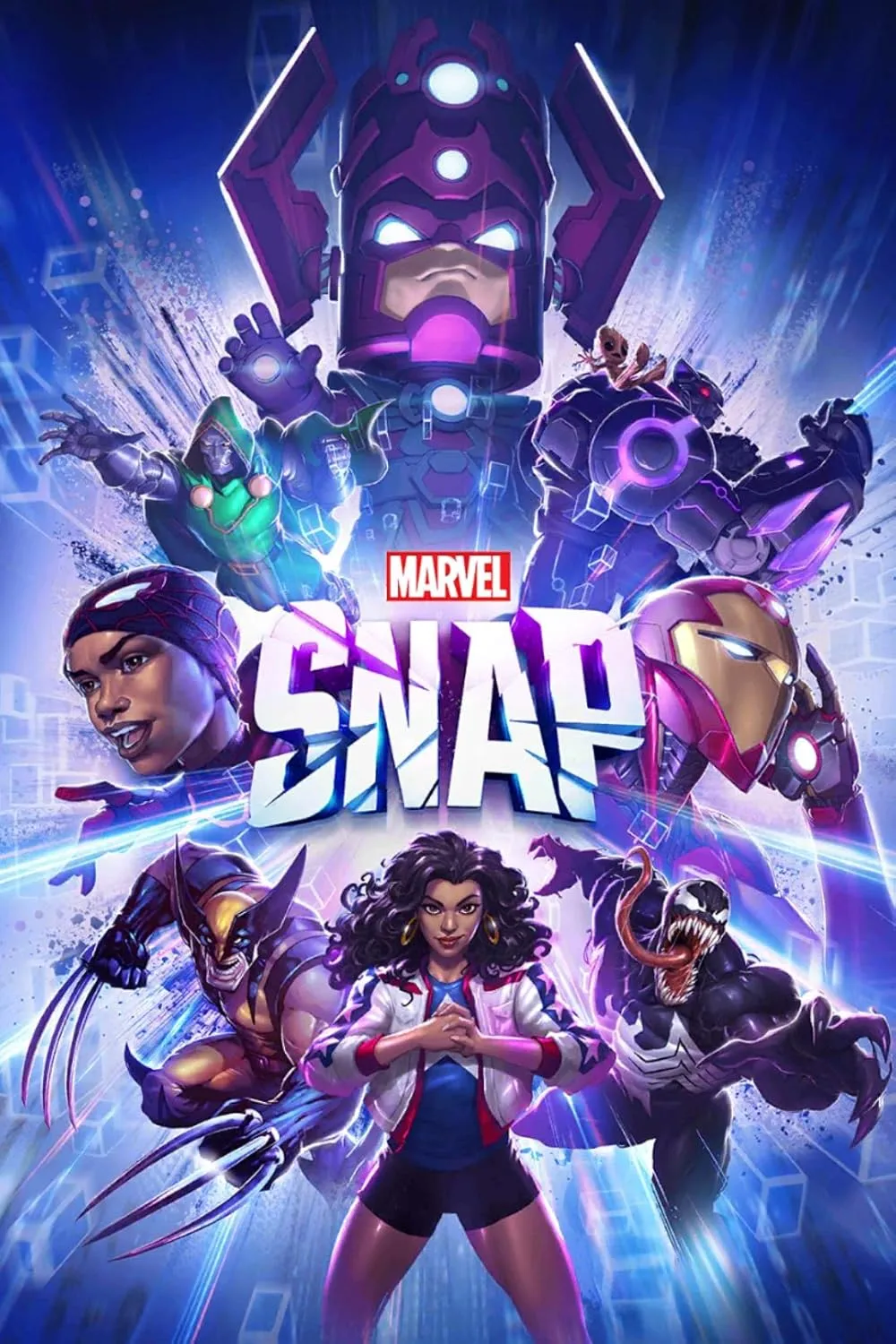 Eksplozja kart MARVEL SNAP z bohaterami i złoczyńcami Marvela w dynamicznej, komiksowej scenie