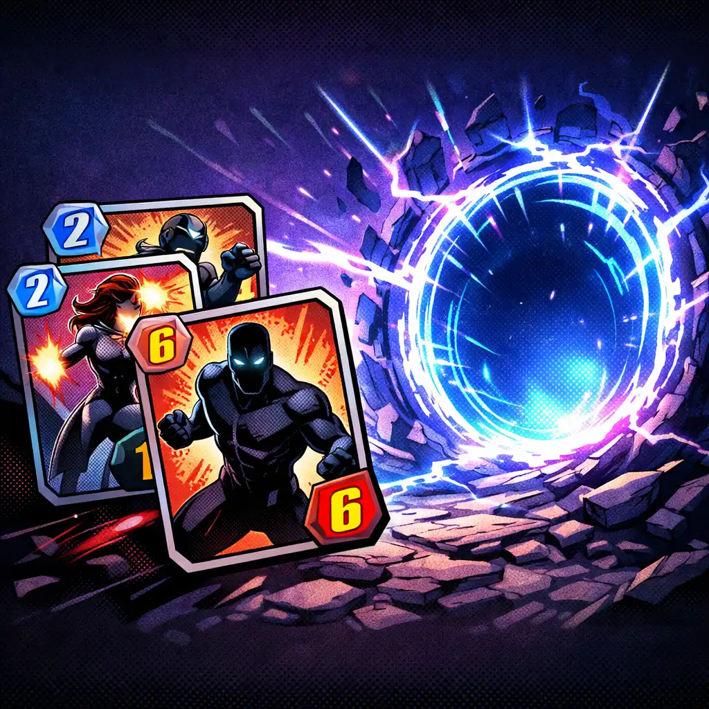 Ilustracja interakcji kart z lokacją w MARVEL SNAP – karty bohaterów i energetyczny portal