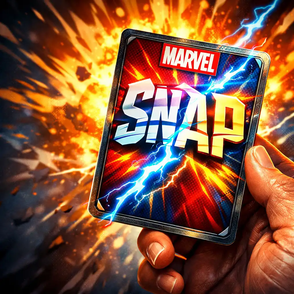 Karta MARVEL SNAP z motywem błyskawicy trzymana w dłoni gracza na tle komiksowego wybuchu energii